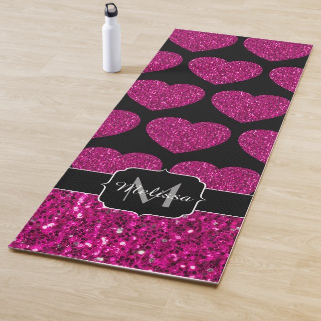 Hot pink heart faux sparkles pattern Monogram Yoga Mat (In Situ)