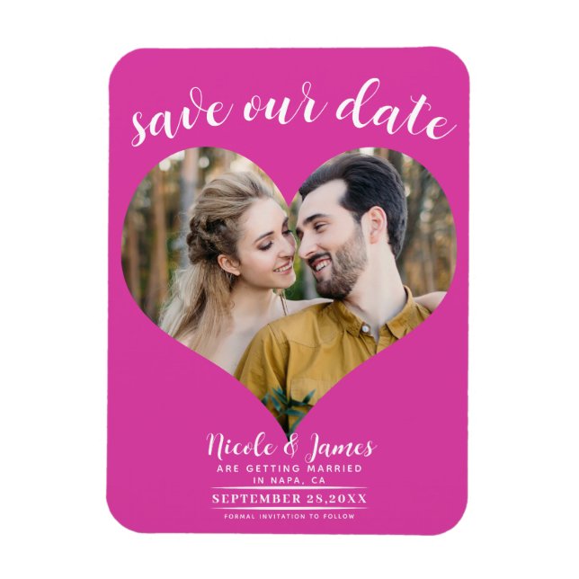Hot Pink Heart Photo Wedding Save the Date Magnet (Vertical)