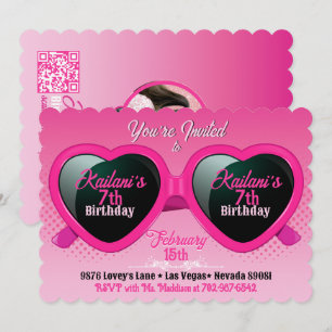 Hot Pink Heart Sunglasses Birthday Photo Invitation