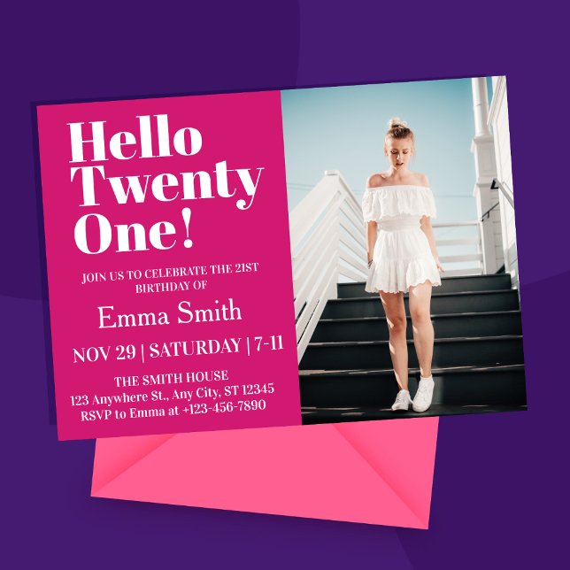 Hot Pink Hello Twenty One 21st Birthday Photo  Invitation (Creator Uploaded)