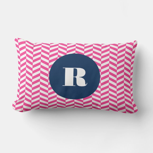 Hot Pink Herringbone Pattern Monogram Lumbar Cushion (Front)