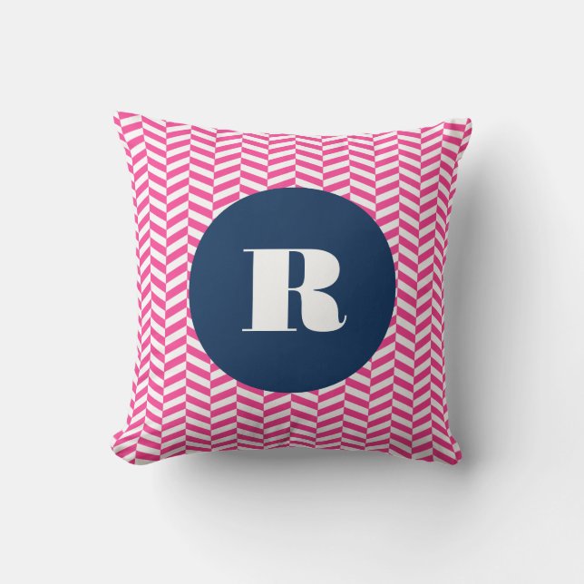 Hot Pink Herringbone Pattern Monogram Pillow (Front)