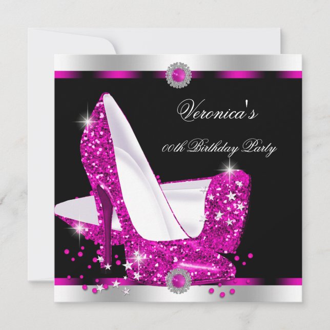 Hot Pink Hi Heels Black Silver Birthday Party Invitation (Front)