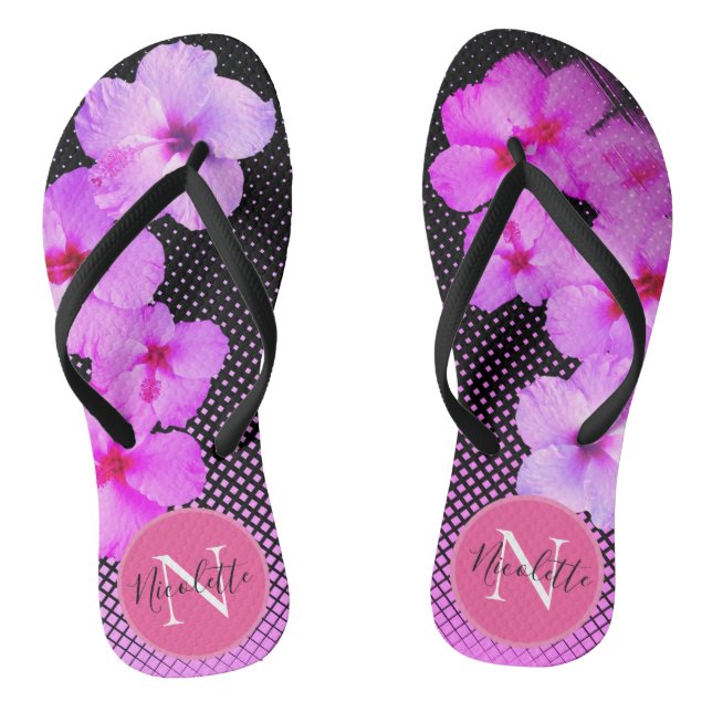Hot Pink Hibiscus Monogram Thongs (Footbed)