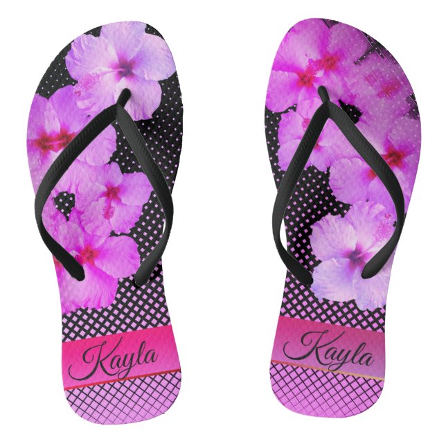 Hot Pink Hibiscus on Black and Pink Chequered Thongs (Footbed)