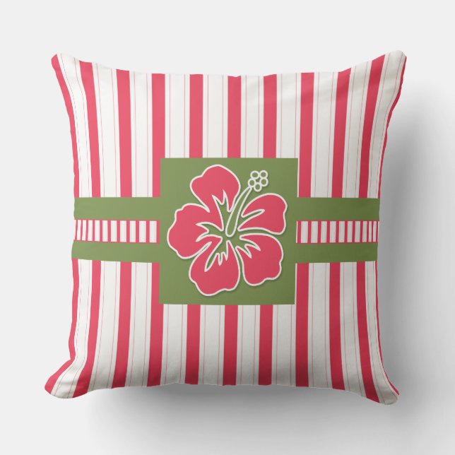 Hot Pink Hibiscus with Stripes Monogram Cushion (Front)