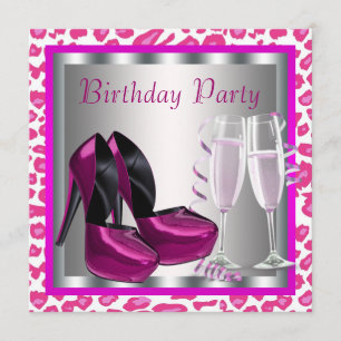 Hot Pink High Heel Shoes Womans Leopard Birthday Invitation