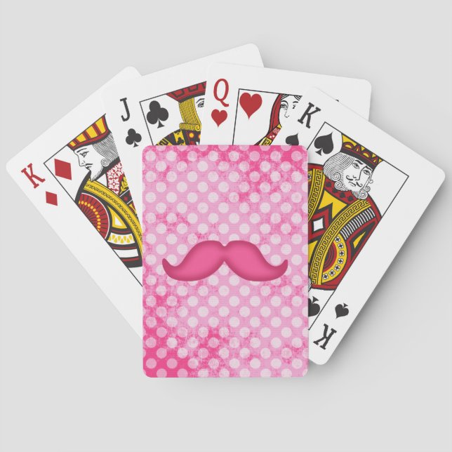 Hot Pink Hipster Moustache and Polka Dot Pattern Playing Cards (Back)
