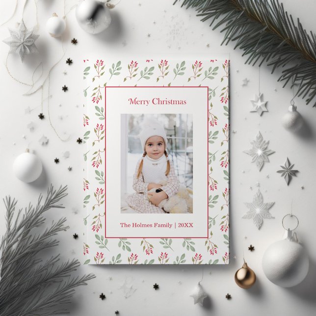 Hot Pink Holly Berry and Eucalyptus Christmas Card (Custom photeo Christmas card sorrounded with silver and white Christmas tree ornaments.)