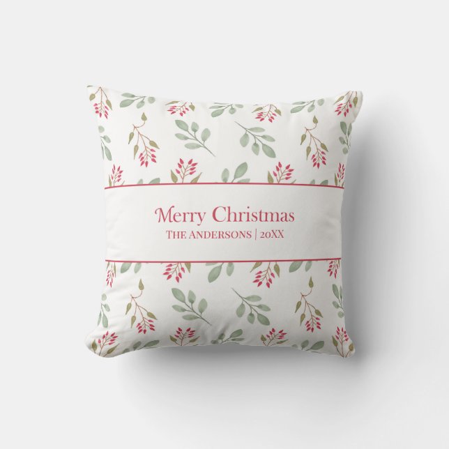 Hot Pink Holly Berry Christmas Throw Pillow (Front)