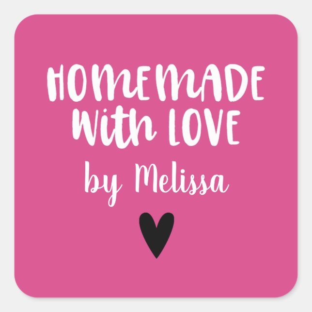 Hot Pink Homemade With Love Heart Square Sticker (Front)