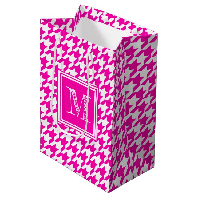 Hot Pink Houndstooth | Modern Monogram Medium Gift Bag (Front Angled)