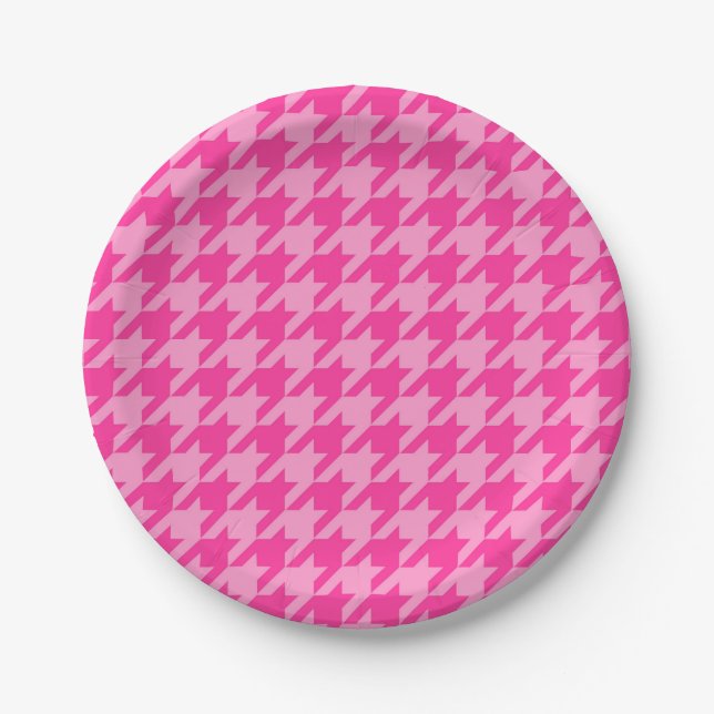 Hot Pink Houndstooth Plaid Design Paper Plate (Front)