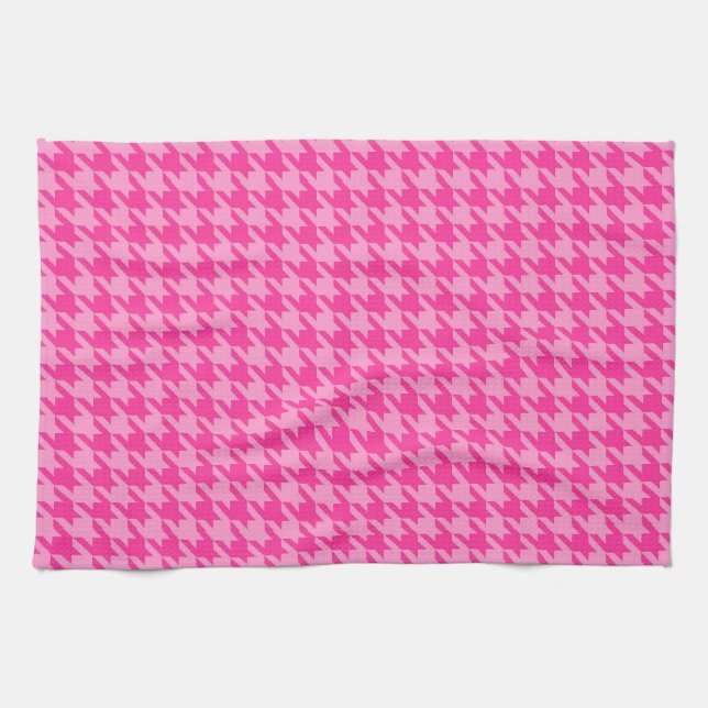 Hot Pink Houndstooth Plaid Design Tea Towel (Horizontal)