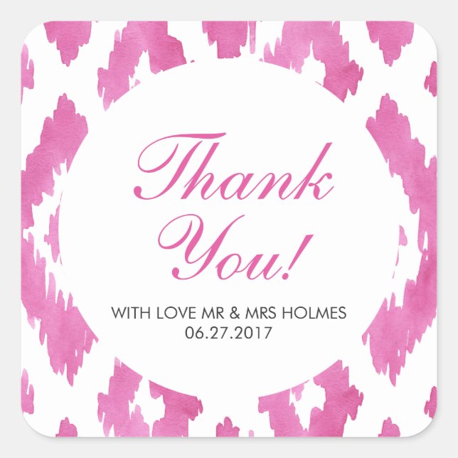 Hot Pink Ikat Thank You Square Sticker (Front)