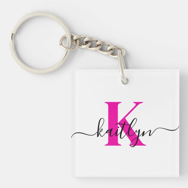 Hot Pink Initial Name Monogrammed Key Ring (Front)