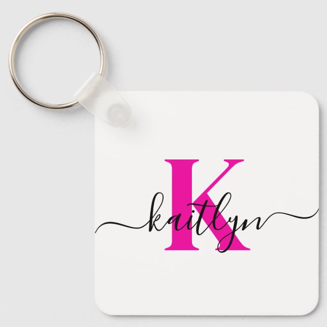 Hot Pink Initial Name Monogrammed Key Ring (Front)