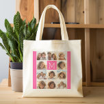 Hot Pink Instagram Photo Collage Custom Monogram Tote Bag<br><div class="desc">Use up to 11 square or selfie phone photos to create a unique and personal gift. Or you can keep the hipster puppy and make a trendy keepsake. If you need to adjust the pictures,  click on the customise tool to make changes.</div>