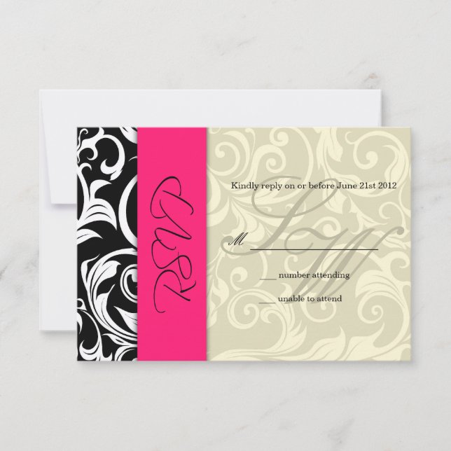 Hot Pink Ivory Swirl Wedding RSVP (Front)