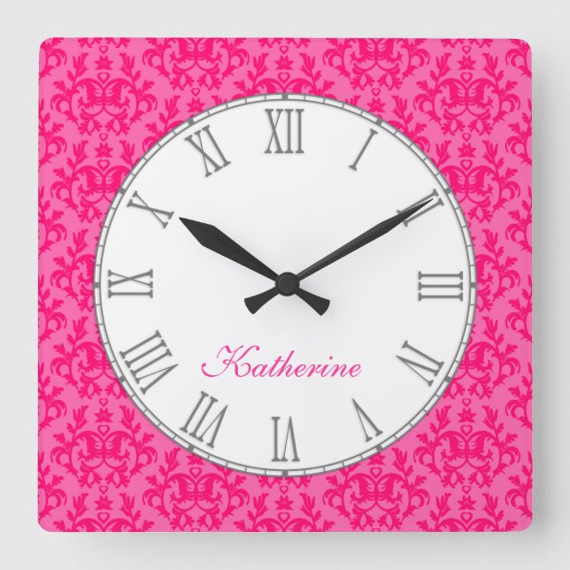 Hot pink kangaroo paw damask name wall clock (Front)