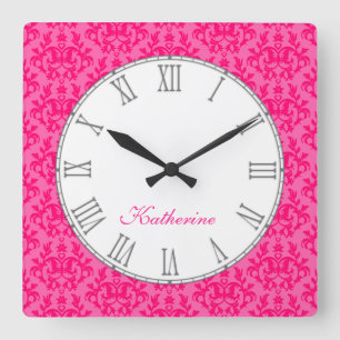Hot pink kangaroo paw damask name wall clock