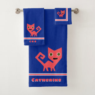 Hot Pink Kitty Cat on Blue Personalised Bath Towel Set