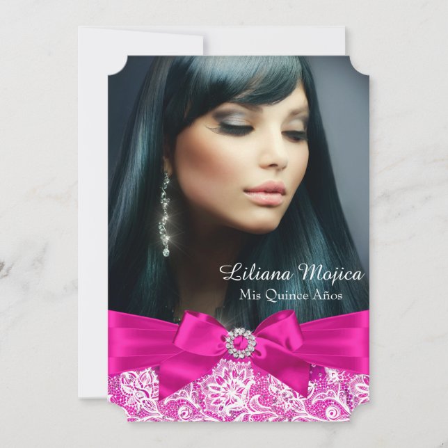 Hot Pink Lace & Jewel Bow Quinceanera Invitation (Front)