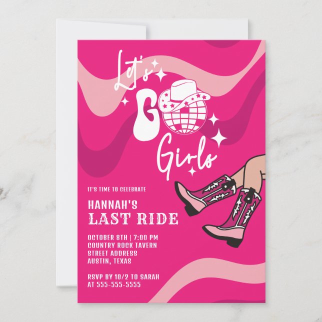 Hot Pink Last Ride Disco Cowgirl Bachelorette Invitation (Front)