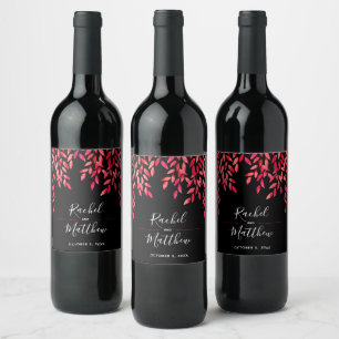 Hot Pink Leaves and Vines on Black Wine Label