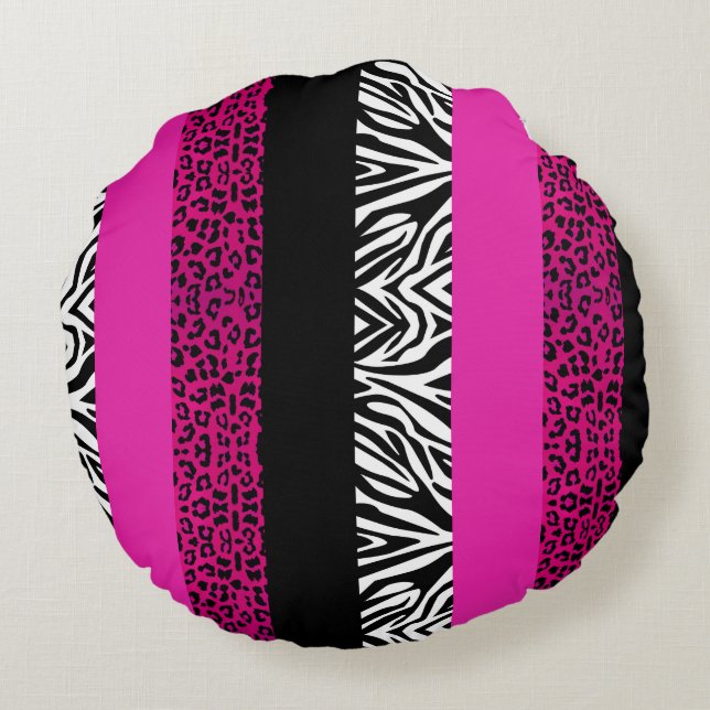 Hot Pink Leopard and Zebra Animal Print Round Cushion (Back)