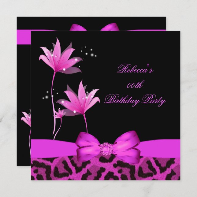 Hot Pink Leopard Flower Birthday Party Invitation (Front/Back)