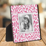 Hot Pink Leopard Pattern Frameless Family Photo Plaque<br><div class="desc">Made to look dimensional, a hot pink and white leopard pattern creates a beautiful frame for your favourite photo on this tabletop plaque with a built-in easel. The image is put directly on the hardboard panel for a stunningly crisp image with an easy wipe clean surface. Great as a gift...</div>
