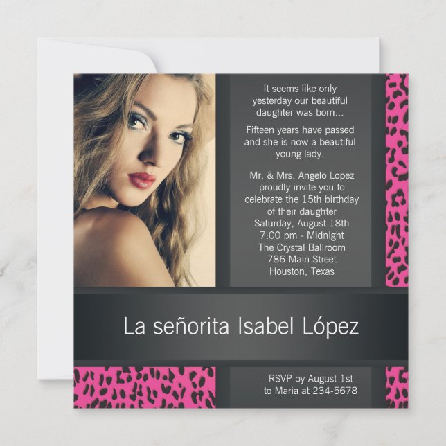 Hot Pink Leopard Personalised Photo Quinceanera Invitation (Front)