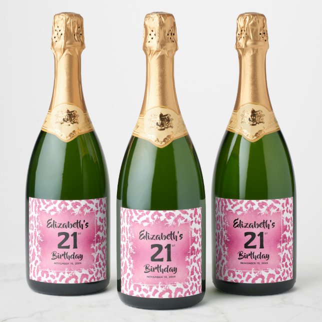 Hot Pink Leopard Print 21st Birthday Personalised Sparkling Wine Label (Bottles)