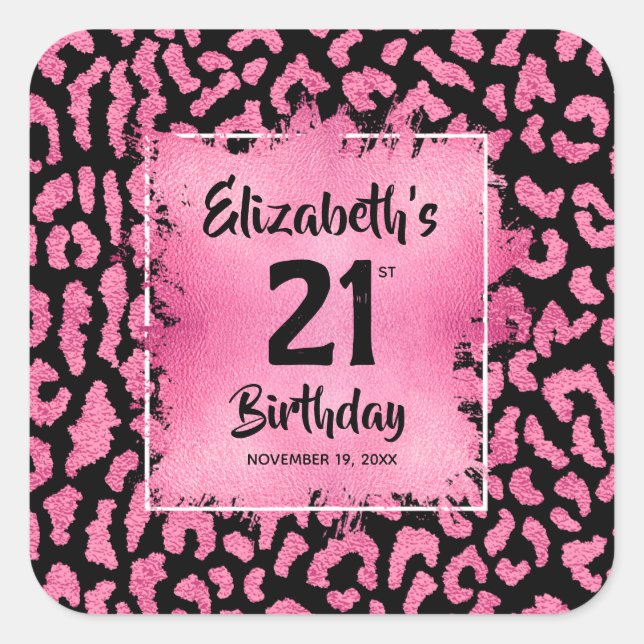 Hot Pink Leopard Print 21st Birthday Personalised Square Sticker (Front)