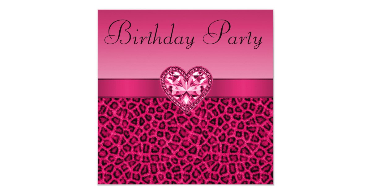 Hot Pink Leopard Print & Bling Heart Birthday Invitation | Zazzle.com.au