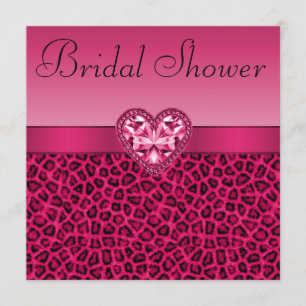 Hot Pink Leopard Print & Bling Heart Bridal Shower Invitation