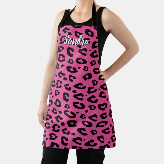 Hot pink leopard print kitchen apron for women (Insitu)