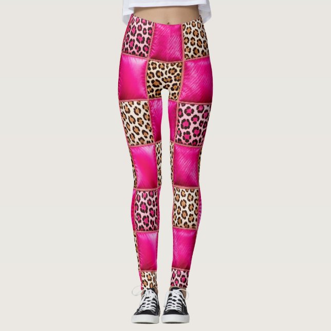 Hot Pink Leopard Print Patchwork Leggings (Front)