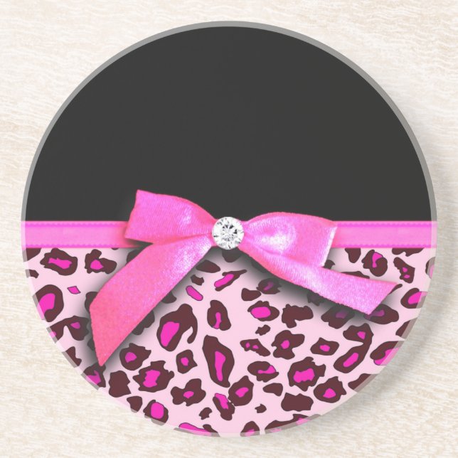 Hot pink leopard print ribbon bow graphic coaster (Front)