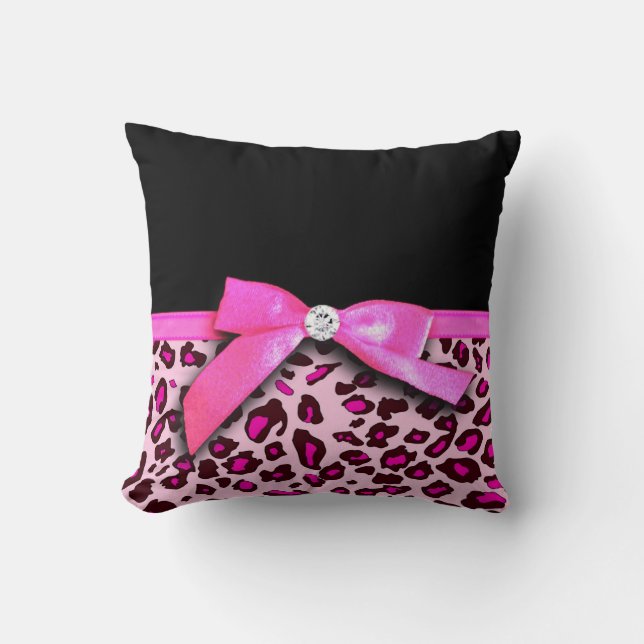 Hot pink leopard print ribbon bow graphic cushion (Front)