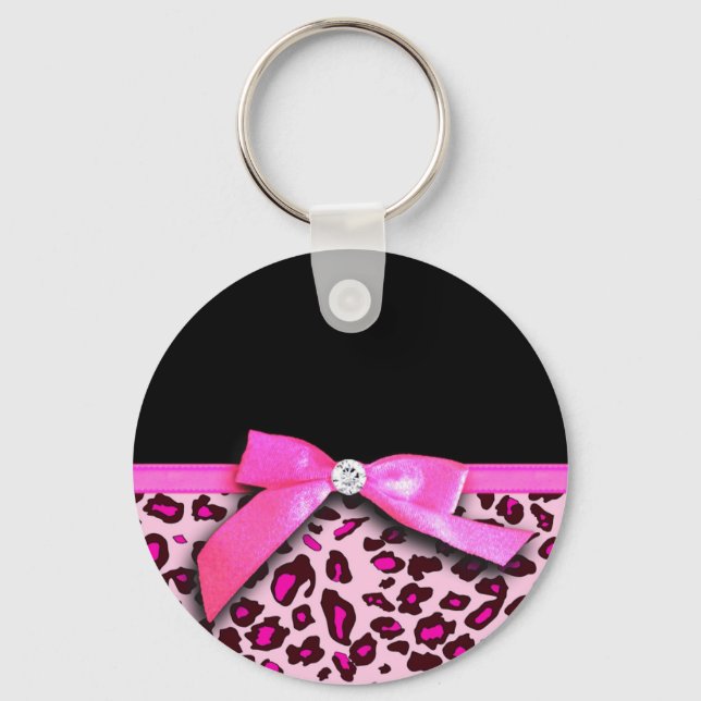 Hot pink leopard print ribbon bow graphic key ring (Front)