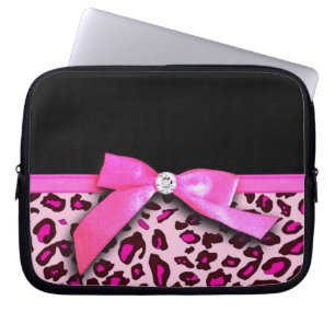 Hot pink leopard print ribbon bow graphic laptop sleeve