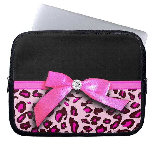 Hot pink leopard print ribbon bow graphic laptop sleeve (Front)