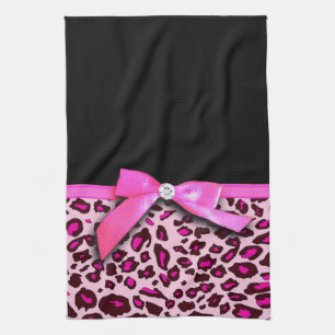 Hot pink leopard print ribbon bow graphic tea towel