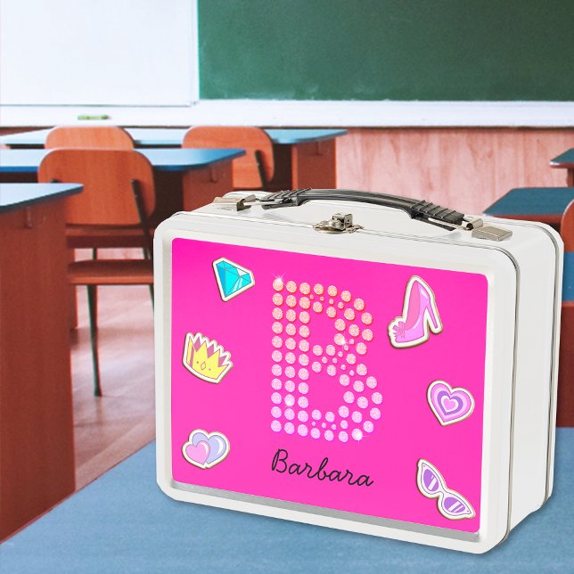 Hot Pink Letter B Monogram Girly Back To School Metal Lunch Box (Front)