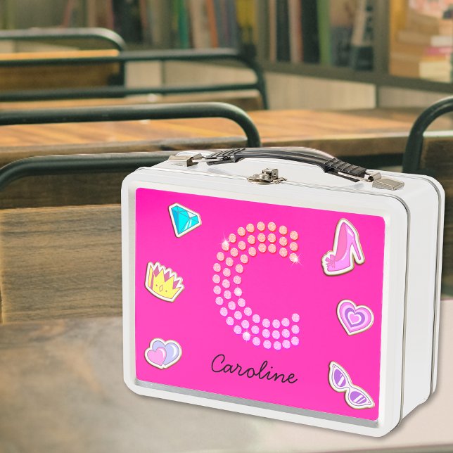 Hot Pink Letter C Monogram Girly Back To School Metal Lunch Box (Front)