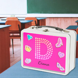 Hot Pink Letter D Monogram Girly Back To School Metal Lunch Box