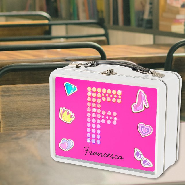 Hot Pink Letter F Monogram Girly Back To School Metal Lunch Box (Front)