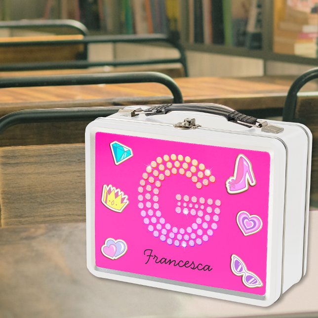 Hot Pink Letter G Monogram Girly Back To School Metal Lunch Box (Front)